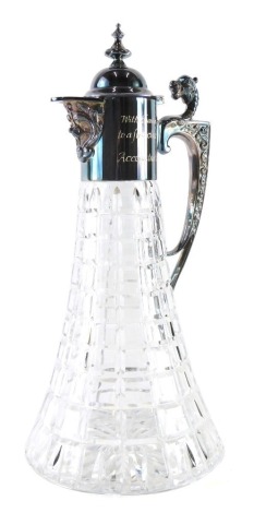 An Elizabeth II silver and cut glass claret jug, in Mappin and Webb box, with angular dragon topped handle, domed lid with urn finial, the neck marked WR, with a trumpet stem, Sheffield 1993, 31cm high. (boxed)