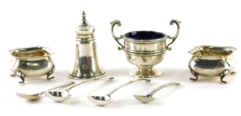 Various silver cruet items, a pair of George V open salts, on quadruple feet, Birmingham 1927, 5cm wide, various other items, spoons, two handled salt, lids, and other spoons, 3.8oz of silver. (a quantity, various dates and makers)