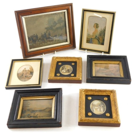 After Baxter. Various prints, miniature frames, small plaster gilt frames, other various prints, plaster gilt frame set with roundels, 11cm x 12cm, etc. (a quantity)