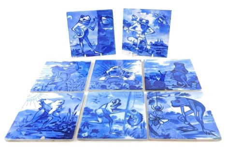 Eight Victorian aesthetic movement Copeland blue and white pottery frog tiles, one fighting fish, another playing banjo, various others, 15cm x 15cm. (a quantity)