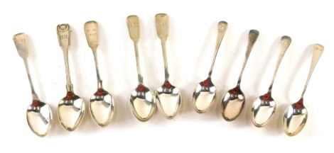 Burton Hunt interest. comprising various earlier silver spoons with later BH initials, Fiddle pattern, etc., some dated 1947, possibly for puppy walking, and a further set of three Burton Hunt spoons Old English pattern, with etched dog handles. (a quanti