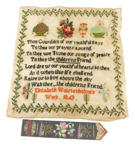 A Victorian pictorial and motto sampler, by Elizabeth Wolstenholme, set with a floral border and further bouquets and vases of flowers, in colours, 46cm x 40cm, and a Coventry style silk work bookmark. (2)