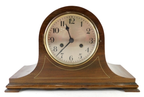 A mid 20thC Napoleon hat mantel clock, with 14cm diameter Roman numeric dial, on compressed bracket feet, with an eight day movement, striking on the house and half hour, 27cm high.