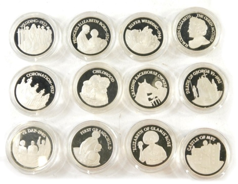 A set of twelve Birmingham Mint Queen Elizabeth The Queen Mother solid sterling silver medallions, regarding her 80th Birthday 4th August 1980, in blue case, proof. (12)