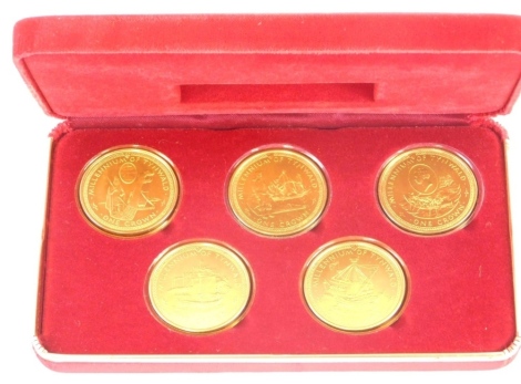 A five crowns of the Isle of Man coin set, in red case with paperwork, edition sterling silver BU2, in outer card packaging.