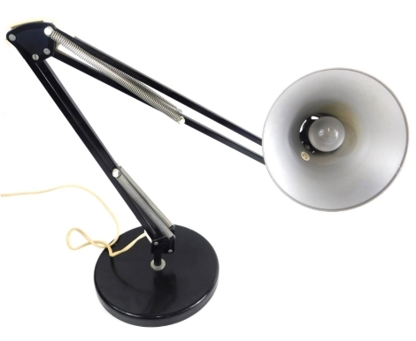 A HCF Denmark metal framed Anglepoise lamp, with cone shade, 16cm wide and articulated stem on circular foot, in black.