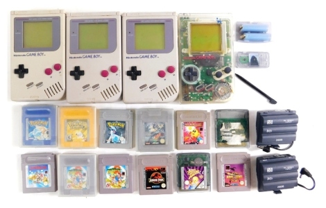 Various Nintendo Gameboys and cartridges, games etc, Super Mario Land, Navy Seals, four part consoles to include one with visible workings, 10cm wide, etc. (a quantity)