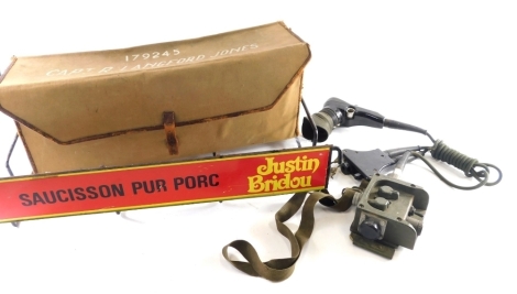 A Justin Bridou Pur Porc butcher's metal rack, 58cm wide, Captain Langford Jones khaki army box, etc.