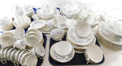 A comprehensive Royal Albert Silver Maple part dinner service, to include five tureens, 28cm wide, various dinner plates, cake stand, tea pot, coffee pots, plates, side plates, sandwich serving plate, milk jug, sugar bowl, further dishes, further plates, 