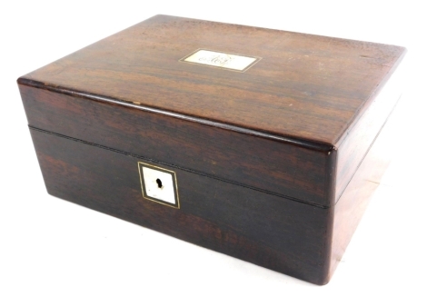 A 19thC rosewood mother of pearl jewellery box, with plain interior, 12cm high, 28cm wide, 21cm deep.