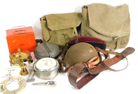 Various army related kit, Sam Browne type belt, a partially boxed camping stove, khaki satchel, hat with cap badge, 30cm wide, etc., (quantity)