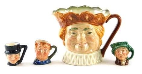 Various tiny Royal Doulton character jugs, Fat Boy, Arriet and a medium Old King Cole, printed marks beneath, 9cm high. (a quantity)