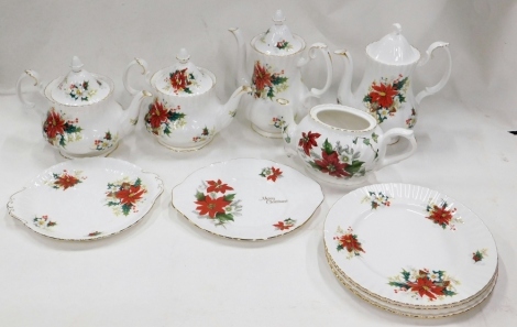 Various Royal Albert Poinsettia dinnerware, to include coffee pot, 27cm high, another with associated lid, teapot, another, dinner plates, etc., printed marks beneath. (a quantity)