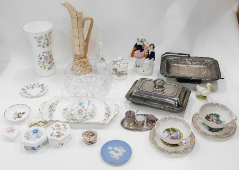 Various china and effects, a 19thC Staffordshire figure, silver plated entree dish, Minton Haddon Hall vase, 24cm high, various Aynsley, Wedgwood and other ornaments, a Susie Cooper tube line jug, (AF), various other china and effects. (a quantity)