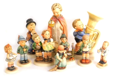 Various Goebel Hummel figures, to include the tuba player, 16cm high, boy on fence, various others, etc. (a quantity)