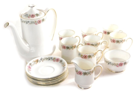 A Royal Albert Belinda pattern part coffee service, to include coffee pot, 27cm high, milk jug, sugar bowl, cups and saucers, printed marks beneath. (a quantity)