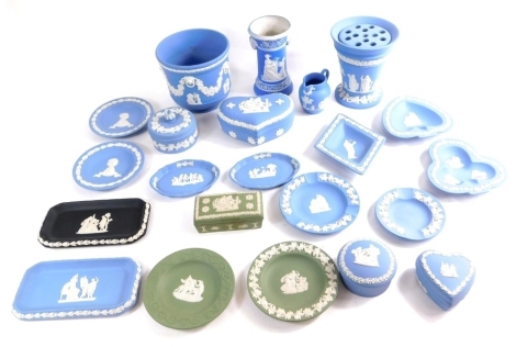 Various Wedgwood Blue Jasperware, cloverleaf dish, 10cm wide, planter, Green Jasperware lidded jar, etc. (a quantity)