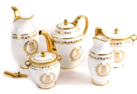 A Chateau De Saint Cloud Sevres porcelain part service, with double Louis crest, comprising coffee pot, 16cm high, jug, two handled bowl, another and a further jug, each with gilt highlights and an upper ivy leaf banding, various marks beneath. (5, AF)