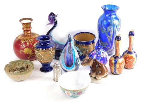 Various Studio pottery and glassware, etc., an opalescent Ditchfield style glass vase, with a swirl design on blue ground, 24cm high, a pair of McIntyre Imari style stem vases, a further vase with double Louis mark beneath, USSR polar bear, Studio glasswa