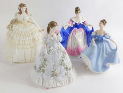 A Coalport limited edition figure Lily, no. 5455/12500, by Jack Glynn, printed marks beneath, 24cm high, a Royal Worcester Queen of Hearts figure by N Stevens, no. 3210/12500, Royal Doulton figure Sara, HN3308, and Kathryn, HN3413, printed marks beneath. 