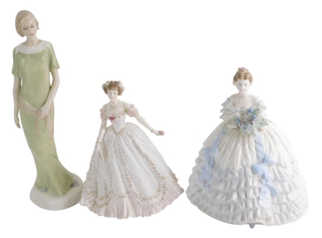 A Coalport limited edition figure Iris, no. 5455/12500, by Jack Glynn, printed marks beneath, 26cm high, another Royal Worcester Sweetest Valentine no. 559/12500 and Royal Doulton Reflections figure Enigma, HN110. (3)