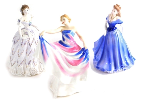 A Royal Worcester figure The Last Waltz by N Stevens, limited edition no. 557/12500, printed marks beneath, 23cm high, Royal Doulton figure Liberty, HN3201 and a Coalport Ladies of Fashion Annabelle exclusive to Gus Home Shopping. (3)