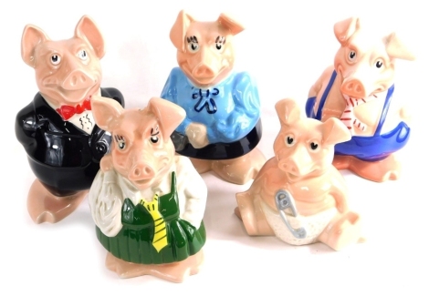 A set of five Natwest Pigs, to include Maxwell, 18cm high, raised marks with stoppers. (5)