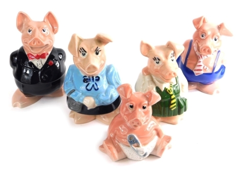 A set of five Natwest Pigs, to include Maxwell, 18cm high, raised marks with stoppers. (5)