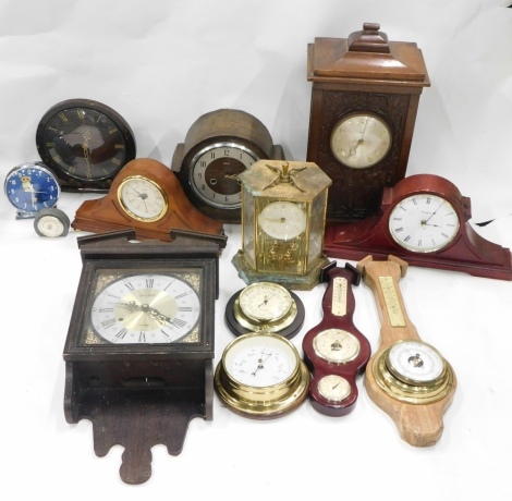 Various clocks, barometers, wall clock, hanging barometer, glazed mantel clock 21cm high etc., ( a quantity)