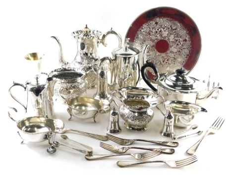 Various silver plated ware, part tea services tray, coffee pots, gravy boat 8cm high, goblets etc., (a quantity).