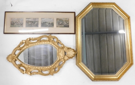 An octagonal bevel glassed wall mirror, in giltwood frame 60cm x 90cm, a further rococo wall mirror and an Alken style four print frame the 1st steeple chase on record. (3)