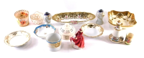 Various porcelain and effects, Noritake a highly decorative gilt coloured dish 27cm wide, various other bowls, similar pair of vases, miniature Royal Doulton figure Emma HN3208, printed marks beneath etc., (a quantity)