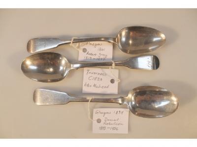 AN early 19thC Scottish provincial silver fiddle pattern dessert spoon by Alexander McLeod
