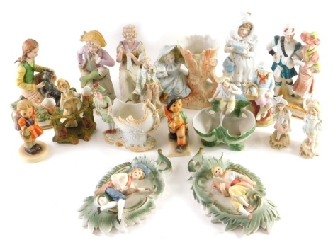 Various bisque porcelain figures, wall plaques, Goebel Hummel figures, to include school girl, 10cm high etc., (a quantity)