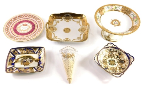 Various Noritake porcelain decorative items etc., serving pieces, a tazza centred with flowers with an outer gilt and floral border, 22cm diameter, a continental bisque wall pocket etc., (a quantity)