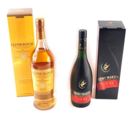 A boxed bottle of Remy Martin VSOP brandy, and a bottle of Glenmorangie The Original Isle single malt whisky. (2)