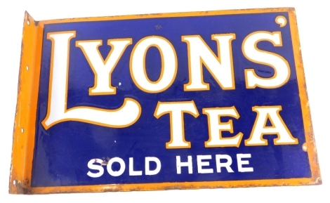 A vintage angular Lyon's Tea Sold Here enamel sign, in white, blue and orange with a side hanging, 30cm high, 46cm wide, 5cm deep.