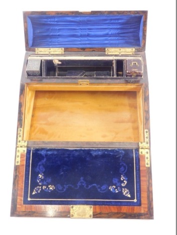 A Victorian walnut and metal bound writing slope, with articulated front, with velvet lined writing section and open interior, set in maple, the hinged dome top revealing spaces for pens and ink bottles, with leather boxed sections and hinged front, 17cm 