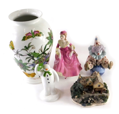 Various china and effects, a Coalport Characters The Snowman Figure, first edition, 16cm high, boxed, a Lladro figure of a clown, Danbury Mint The Farmer Visits cottage, Portmeirion vase and a Ladies of Fashion Coalport figure Winsome, printed marks benea