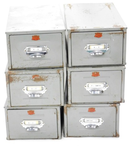 Six various metal library alphabet card drawers, with Veteran Series British Made labels, each 17cm high, 23cm wide, 40cm deep.