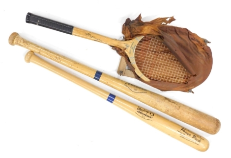 A Rawlings Adirondack 242J pro ring baseball bat, and another, and a tennis racket with stretcher, 70cm long.