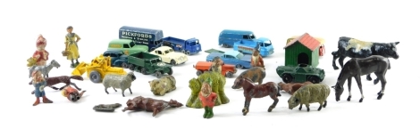 Various Britain's style and other lead farm animals, cows, horse, 5cm high, various unboxed playworn diecast vehicles, Lesney type, etc. (a quantity)