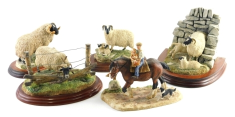 Various Border Fine Arts style figures, sheep and fence, 18cm wide, another with label, etc. (5)