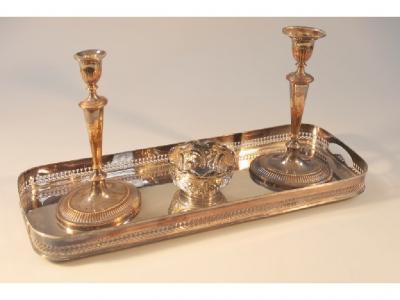 A silver plated oblong gallery tray with reeded pierced decoration