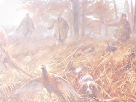 Mick Cawston (1959-2006). Bush beating pheasants, artist signed limited edition print no. 387/850, 25cm x 40cm.