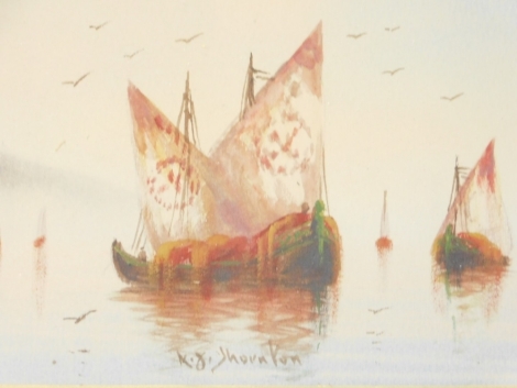 Shounton (20thC School). Boats drying sails on calm waters, Venetian scene, watercolour, signed, 14cm x 37cm.