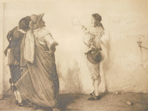 H. Macbeth Raeburn (1860-1947). Figures, interior scene, etching, also signed Pethie, 18cm x 25cm.