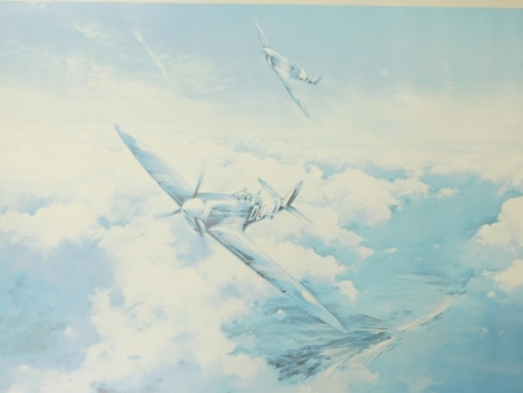 After Taylor. Spitfire, print, signed Johnnie Johnson and Douglas Bader, 34cm x 44cm.