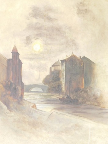 Stokes. Twilight evening and figures in a boat before bridge, mixed media, one signed, 38cm x 25cm. (2)