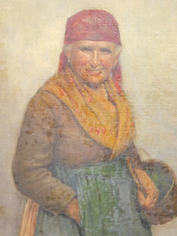 19thC Continental School. Figure of an elderly lady holding basket, oil on board, unsigned, 31cm x 22cm.